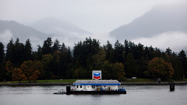 A Chevron gas station for boats is pictured against Stanley Park in Vancouver