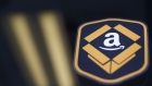 The Amazon.com logo is seen during the company's job fair in Kenosha, Wisconsin, Aug. 2, 2017