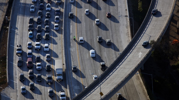Vehicles sit in rush hour traffic in Los Angeles, California. 