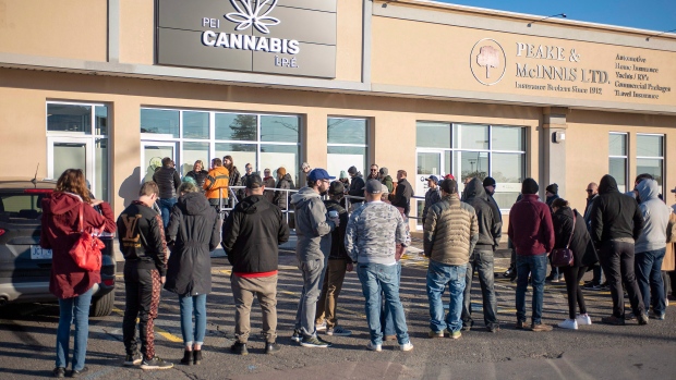 Customers line up at the retail cannabis store in Charlottetown, P.E.I