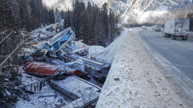 A train derailment is shown near Field, B.C., Monday, Feb. 4, 2019. 