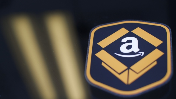 The Amazon.com logo is seen during the company's job fair in Kenosha, Wisconsin, U.S., on Wednesday, Aug. 2, 2017. 