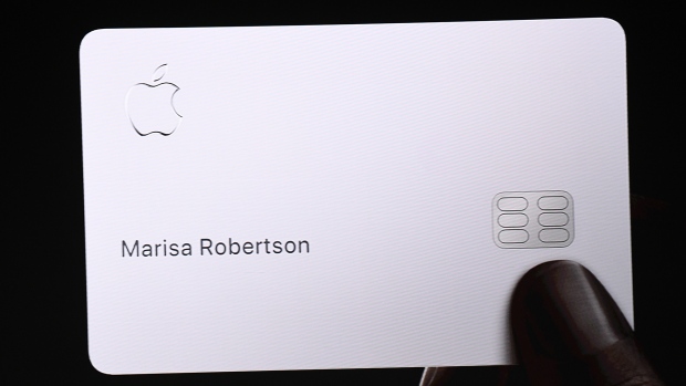 Apple card displayed on screen during an event in Cupertino, California on March 25, 2019. Photographer: David Paul Morris/Bloomberg