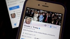 The Twitter Inc. accounts of U.S. President Donald Trump, @POTUS and @realDoanldTrump, are seen on an Apple Inc. iPhone arranged for a photograph in Washington, D.C., U.S., on Friday, Jan. 27, 2017. Mexican President Enrique Pena Nieto canceled a visit to the White House planned for next week after Trump on Thursday reinforced his demand, via Twitter, that Mexico pay for a barrier along the U.S. southern border to stem illegal immigration. 
