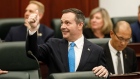 Alberta Premier Jason Kenney gives the thumbs up before the delivery of the provincial budget in Edm