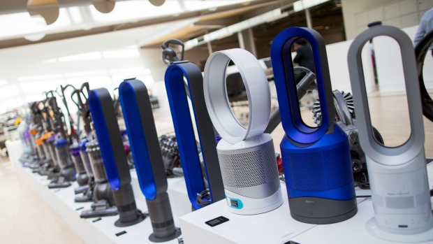 Dyson fans stand on display in a staff area at the Dyson Group campus in Malmesbury, U.K. on Sept. 26.