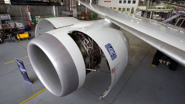 A Rolls-Royce Holdings Plc Trent XWB aircraft engine stands on display at the Rolls Royce pavilion during the first day of the 16th Dubai Air Show at Dubai World Central (DWC) in Dubai, United Arab Emirates, on Sunday, Nov. 17, 2019. The Dubai Air Show is the biggest aerospace event in the Middle East, Asia and Africa and runs Nov. 17 - 21.