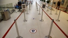 An empty security queue with social distancing markers is seen at Toronto Pearson International Airport (YYZ) in Toronto, Ontario, Canada, on Wednesday, April 8, 2020. The airport is now averaging 200 flights per day, down from 1,200 before the Covid-19 pandemic, CTV News reported.