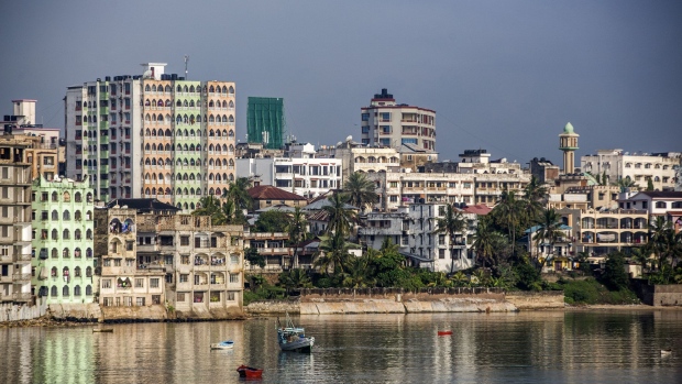 Residential and commercial buildings stand on the skyline in Mombasa, Kenya.