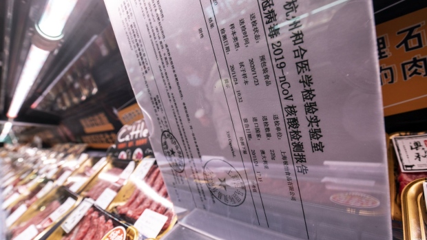 A Covid-19 test certification at the meat section. China’s focus on food packaging began after the country singled out imported salmon as a possible culprit for a Beijing resurgence.