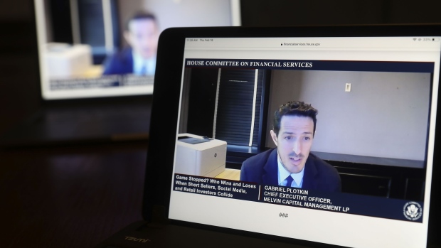 Gabe Plotkin speaks virtually during a House Financial Services Committee hearing on Feb. 18. Photographer: Daniel Acker/Bloomberg