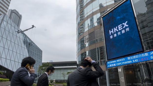 Outside the Exchange Square complex, which houses the Hong Kong Stock Exchange, in Hong Kong on March 23. Photographer: Paul Yeung/Bloomberg