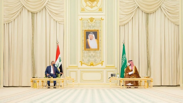 Mohammed bin Salman, right, with Mustafa Al-Kadhimi at Al Yamamah Palace in Riyadh, Saudi Arabia, on March 31.