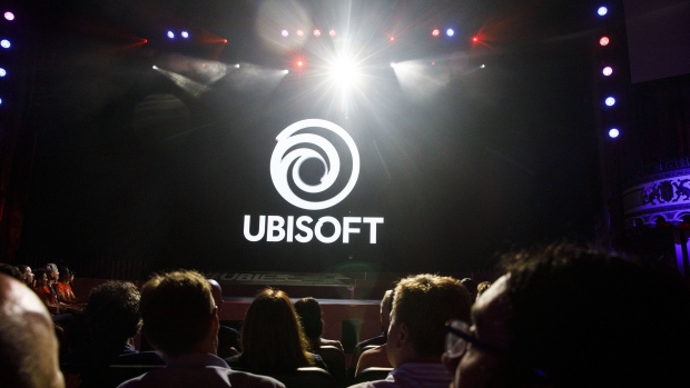 The UbiSoft Entertainment SA logo is displayed during a company's event ahead of the E3 Entertainment Expo in Los Angeles, California, U.S., on Monday, June 10, 2019. Ubisoft announced that Uplay+, its new subscription service, will launch on September 3, 2019, for Windows PC. Players will be able to download more than 100 games, including new releases. Photographer: Patrick T. Fallon/Bloomberg