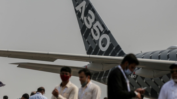 The tail of an Airbus SE A350 aircraft at the Wings India 2022 Air Show held at Begumpet Airport in Hyderabad, India, on Thursday, March 24, 2022. The air show runs through March 27.