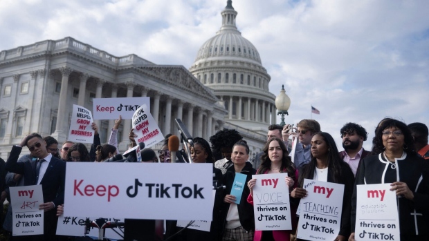 People gather for a press conference about their opposition to a TikTok ban on Capitol Hill in Washington, DC in March 2023. Photographer: Brendan Smialowski/AFP/Getty Images