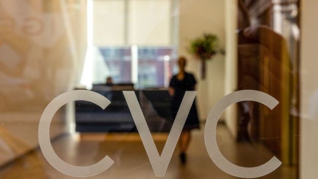 A logo at the offices of CVC Capital Partners in London.