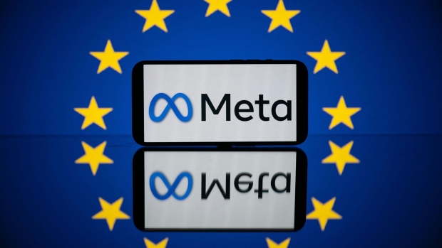 The Meta logo and the European flag. Photographer: Lionel Bonaventure/AFP/Getty Images