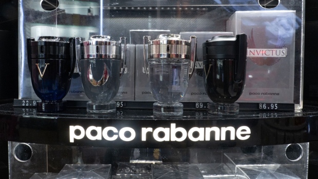 A display of Paco Rabanne men's Invictus fragrance bottles for sale in a perfume store in Madrid, Spain, on Tuesday, April 30, 2024. Members of the 110-year-old Puig dynasty are now poised to be the biggest individual winners in this week’s initial public offering of their namesake perfume and cosmetics company. Photographer: Magda Gibelli/Bloomberg