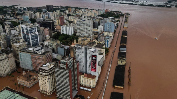 Floodwater following heavy rains in the historic center of Porto Alegre on Sunday.