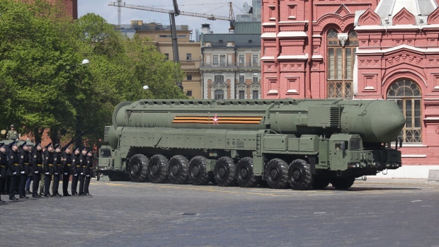 <p>A vehicle transports a RS-24 Yars strategic nuclear missile during the main rehearsals of the military parade, in the Red Square, Moscow on May 5,</p>