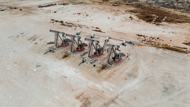 Pumpjacks on the outskirts of town in Midland, Texas, U.S. on Monday, April 4, 2022. West Texas, the proud oil-drilling capital of America, is now also on the cusp of becoming the earthquake capital of America. Photographer: Jordan Vonderhaar/Bloomberg