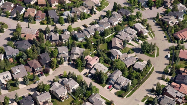 An aerial view of houses in Calgary
