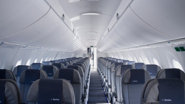 The interior of Bombardier's CS100 airplane is seen at the company's facility in Toronto,