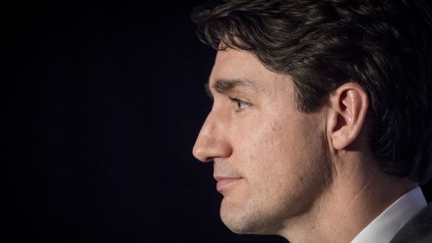 Justin Trudeau at a press conference with AppDirect President Daniel Saks, San Francisco, Feb. 2018