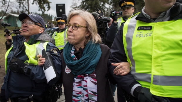 Federal Green Party Leader Elizabeth May is arrested by RCMP officers 