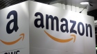The Amazon logo is seen at the Young Entrepreneurs fair in Paris