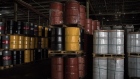 Oil barrels sit stacked inside the polyethylene plant of the Ecopetrol SA refinery in Barrancabermeja, Santander, Colombia, on Friday, April 20, 2018. Colombia's state-run oil company contained a spill in late March after more than 20 days and approximately 550 barrels of crude oil flowed into water sources in the Santander province.