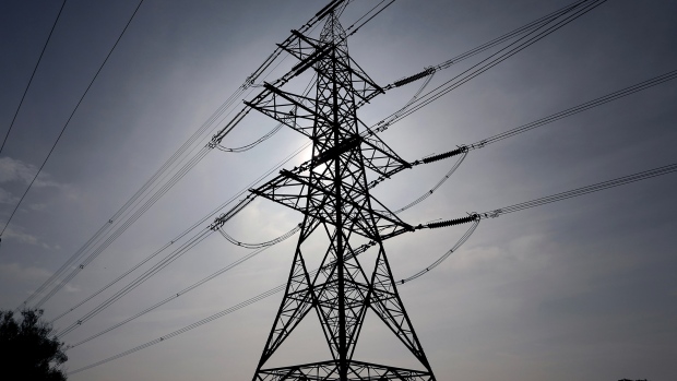 Power transmission lines run from an electricity pylon in Braintree, U.K.