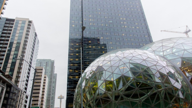 The Space Needle can be seen from the site of the Amazon Spheres in downtown Seattle on Tuesday, January 23, 2018.