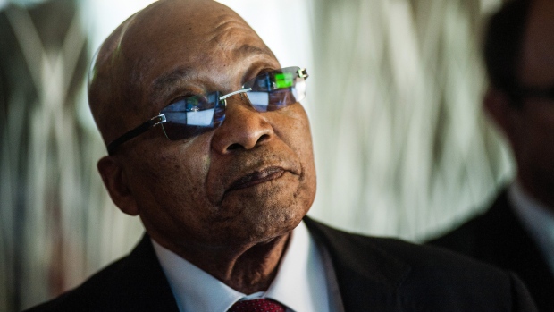 Jacob Zuma, South Africa's president, visits the headquarters of Eskom Holdings SOC Ltd. at Megawatt Park in Johannesburg, South Africa, on Friday, May 6, 2016. It appears to be just a matter of time before South Africa's credit rating is cut to junk. Photographer: Waldo Swiegers/Bloomberg *** Local Caption *** Jacob Zuma
