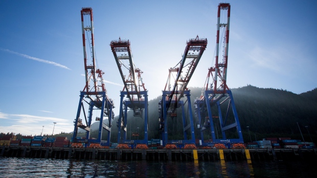 Container cranes stand at the Fairview Container terminal of the Port of Prince Rupert in Prince Rupert, British Columbia, Canada, on Tuesday, Aug. 23, 2016.