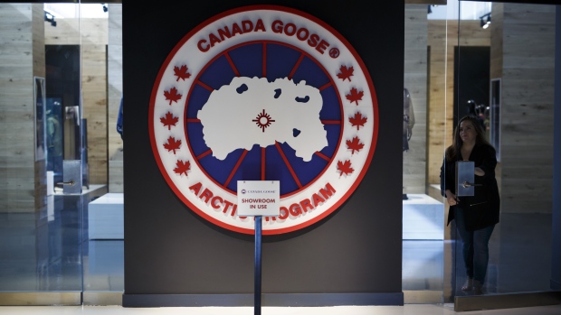 Signage is displayed on a wall inside the Canada Goose Holdings Inc. production facility in Toronto, Ontario, Canada, on Friday, Sept. 8, 2017. 