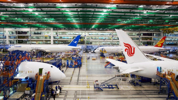 Boeing Co. Dreamliner 787 planes sit on the production line at the company's final assembly facility in North Charleston, South Carolina. 