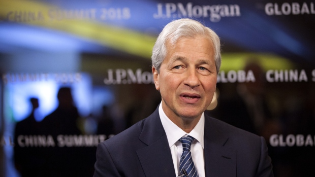 Jamie Dimon, chief executive officer of JPMorgan Chase & Co., sits ahead of a Bloomberg Television interview on the sidelines of the JP Morgan Global China Summit in Beijing, China, on Tuesday, May 8, 2018. 