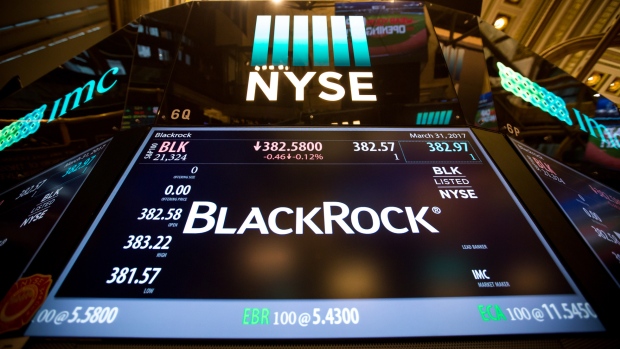 Blackrock Inc. signage is displayed on a monitor on the floor of the New York Stock Exchange (NYSE) in New York, U.S., on Friday, March 31, 2017. 