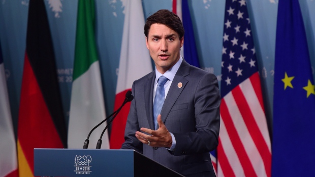 Justin Trudeau speaks at the G7 summit in Charlevoix, Quebec.