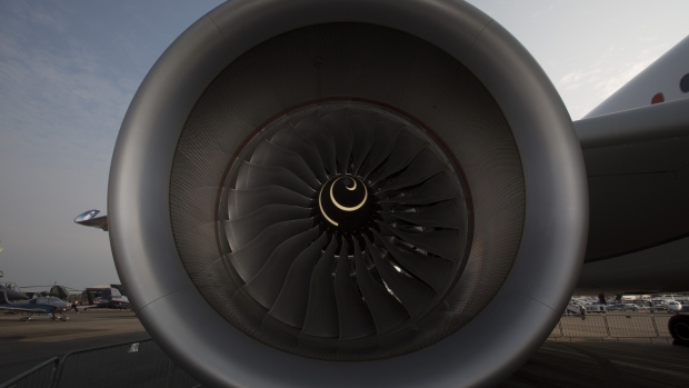 The turbine blades of a Rolls-Royce Holdings Plc engine are seen on an Airbus SAS A350 XWB flight test aircraft (MSN3) at the Singapore Airshow held at the Changi Exhibition Centre in Singapore. 