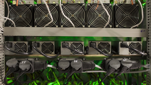 Cryptocurrency mining rigs operate in a cargo container at the Golden Fleece cryptocurrency mining company in Kutaisi, Georgia, on Monday, Jan. 22, 2018. Bloomberg