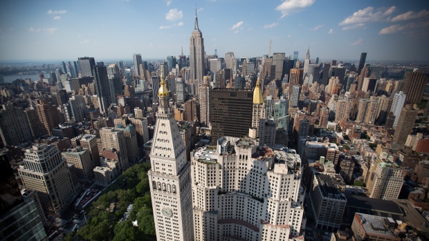 The Manhattan skyline is seen from the roof of Madison Square Park Tower at 45 East 22nd Street in the Flatiron District of New York, U.S., on Thursday, May 18, 2017. 