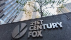Signage is displayed outside Twenty-First Century Fox Inc. headquarters in New York, U.S., on Wednesday, May 3, 2017. 