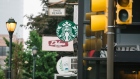 The Starbucks logo is displayed outside a coffee shop in Philadelphia, Pennsylvania, May 29, 2018