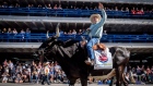 Doug Rogers rides a bull named Wild West Willie during the 2018 Calgary Stampede parade