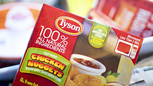 A package of Tyson Foods Inc. brand chicken nuggets is arranged for a photograph