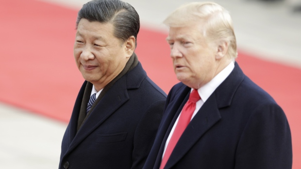 Xi Jinping and Donald Trump on Nov. 9, 2017. Photographer: Qilai Shen/Bloomberg