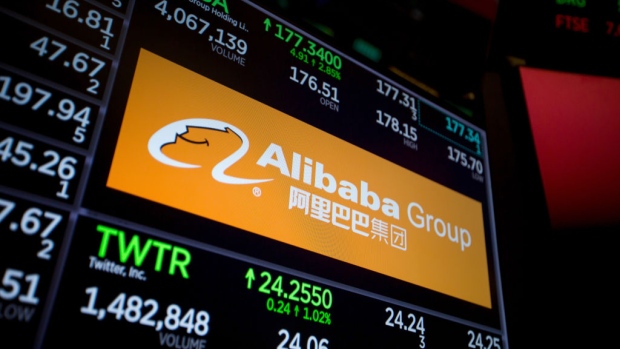 A monitor displays Alibaba Group Holding Ltd. signage on the floor of the New York Stock Exchange (NYSE) in New York, U.S., on Tuesday, Jan. 2, 2018. U.S. stocks�rose, Treasuries fell and the dollar weakened against most of its G-10 peers in the first official day of trading in 2018. 